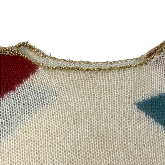 Boxy Geometric Print Fuzzy Mohair Blend Sweater Gold Trim Vintage Handmade - Picture 8 of 8